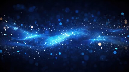 Abstract glowing blue wave of light particles and bokeh on dark background creating a cosmic and mystical atmosphere