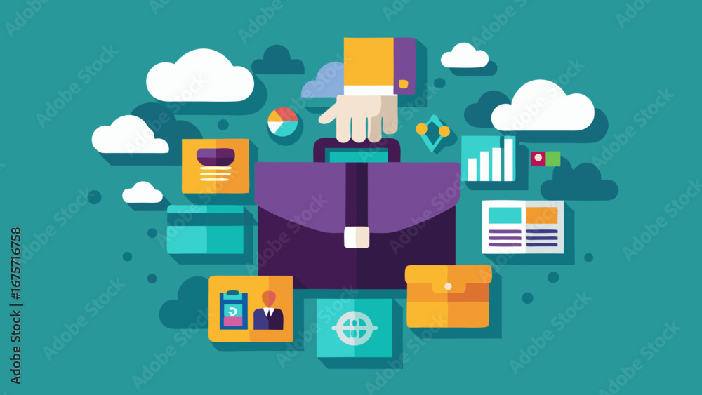 Business briefcase with surrounding icons and cloud elements