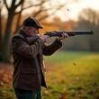 © Chris - A Caucasian man in his 50s practices clay pigeon shooting outdoors, shotgun aimed skyward, autumn leaves falling, warm sunlight, tweed and flat cap.