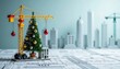 © HappyFoxy - Miniature tower crane decorates christmas tree with red and gold baubles on architectural blueprints, small building model in foreground, city skyline background, construction industry holiday concept