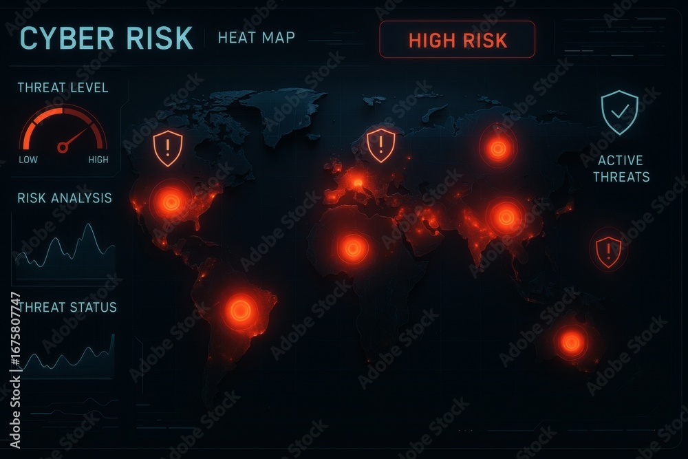 Futuristic Cyber Risk Heat Map Dashboard with Global Threat Hotspots ...