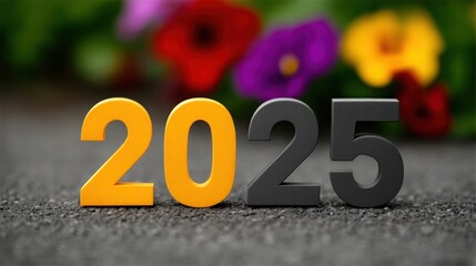 2025: The year 2025 is written on the ground with a colorful blurred background of flowers.
