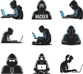 Anonymous Hacker Silhouette Set Cyber Security Privacy Data Breach Vector Illustration