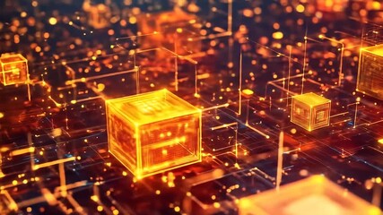 Abstract Digital Network of Illuminated Cubes and Lines in Orange and Gold Tones