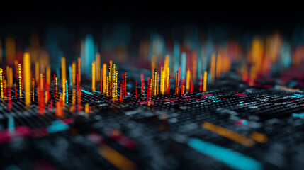 Abstract landscape with colorful bars on a textured surface under a dark background with bokeh effect