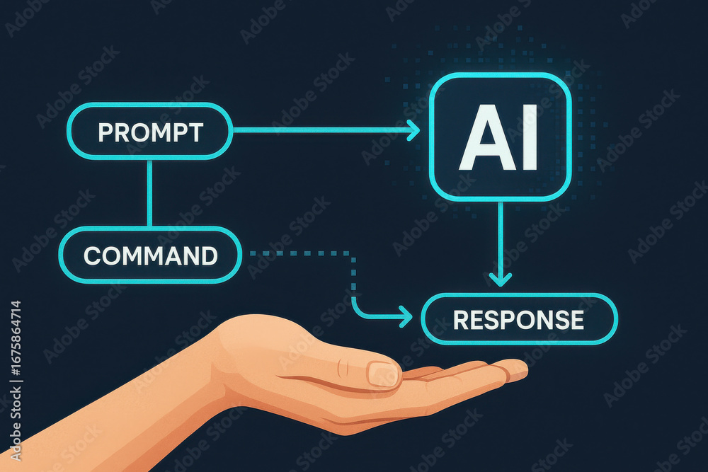 AI concept with prompt command and response flowchart above open hand ...