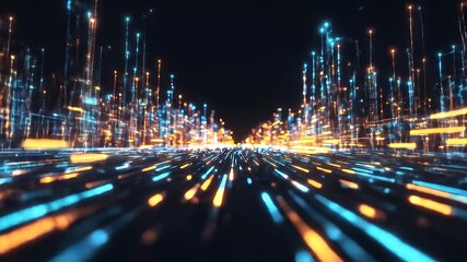 Abstract Digital Network With Glowing Lines in Blue and Orange Tones on Black Background