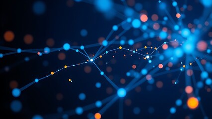 Abstract network of glowing nodes and connections in blue and orange floating in space.