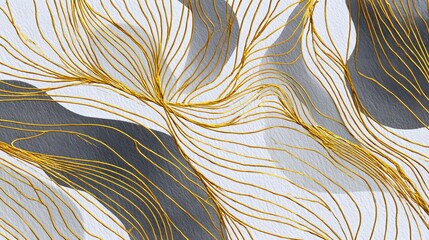 Wall Mural - Abstract Composition of Flowing Gray and White Waves with Golden Lines and Modern Texture
