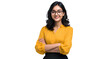 © Creative design - beautiful young indian woman in a yellow blouse and black pants, wearing glasses, smiling with her arms crossed on a white background