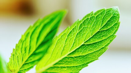 Botanical close-up of a fresh mint leaf with vibrant green color and intricate pattern of veins.