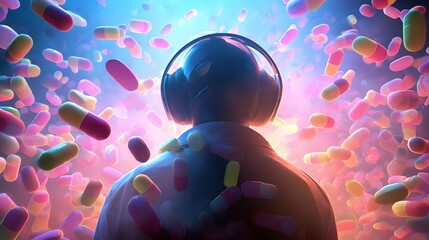 A person in headphones, surrounded by a vibrant array of floating pills, in a digitally created setting.