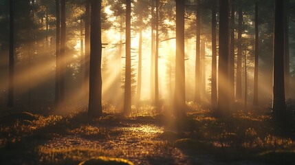  Sunlight piercing through the trees in a dense forest creating a mystical and serene atmosphere
