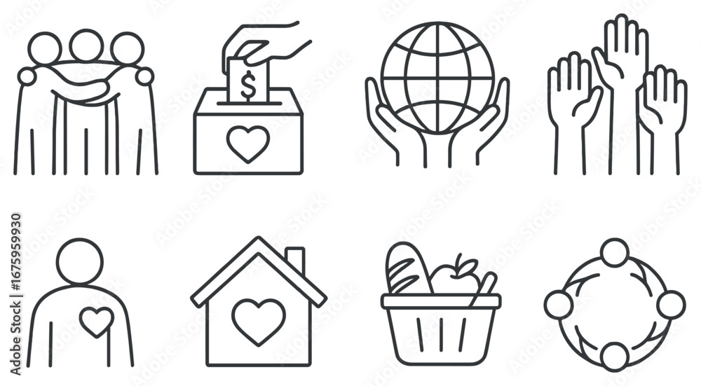 Charity and community engagement linear icon set. featuring donation ...