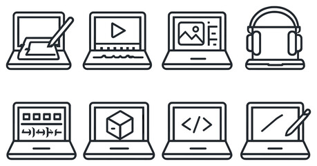 Creative tools linear icon set. featuring drawing, video editing, photo editing, music, coding, and 3d modeling symbols