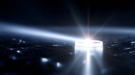 Wall Mural - A bright beam of light shines down onto a circular object. The image captures a stark contrast with dark surroundings. This creates a futuristic and imaginative atmosphere. AI