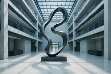 Wall Mural - abstract metallic sculpture in modern atrium with skylight casting natural light and shadows on marb