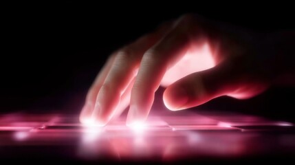Wall Mural - A glowing hand gently touches a futuristic glowing keyboard. Technology and creativity blend in this image. It captures the essence of innovation and modernity. AI