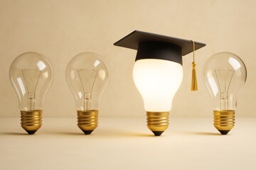 Wall Mural - graduation cap on glowing light bulb among unlit bulbs symbolizing creativity and education on beige