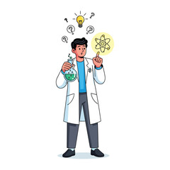 Eureka moment: A scientist in a lab coat, filled with a moment of insight, staring at atom structure with a light bulb representing innovative science idea.