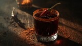 Rich dark chocolate chili cocktail with dried chili garnish and cocoa rim