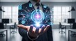 © Kelvin - Futuristic concept of artificial intelligence with a businessman holding a glowing neural network for business innovation and data analysis