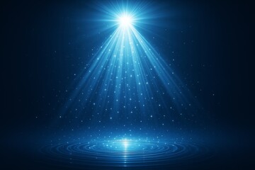 Wall Mural - Glowing blue spotlight with light rays and sparkles over rippling water on dark background for banner or poster design concept.