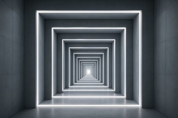 Wall Mural - futuristic abstract hallway with glowing white light frames and concrete walls forming infinite geom
