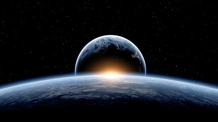 A breathtaking view of Earth from space, showcasing the horizon with a rising sun illuminating the dark sky.