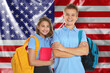 © New Africa - Students with backpacks against flag of USA. Language school