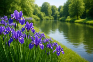 Wall Mural - blooming purple irises beside serene river with lush green trees and sunlight in natural background,