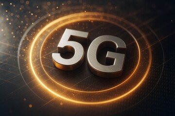 Wall Mural - metallic 5g symbol with glowing orange digital waves on dark background representing futuristic wire