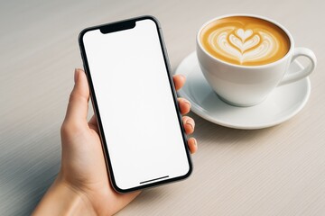 Wall Mural - smartphone with blank screen held in hand next to coffee cup on light wooden table, ideal for app mo