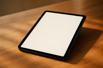 Wall Mural - blank tablet screen mockup on wooden surface for clean design presentation and branding layout conce