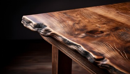 close up of a weathered wooden table corner against a dark backdrop the table s surface shows signs of age and use simple rustic design