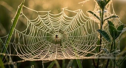 Intricate spiderweb glistening with morning dew drops at sunrise, showcasing nature's delicate and fragile design