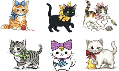 Naklejka na meble Cute Cartoon Kittens with Colorful Bows, Vector Illustration Set of Adorable Cats Playing with Toys, Perfect for Pet and Animal Designs