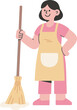 © cheng - A cheerful female housekeeper with a broom and an apron, representing domestic work, cleaning, and professional maid services.