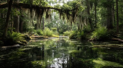  Serene Swamp Scene with Moss-Hanging Trees and Calm Waters