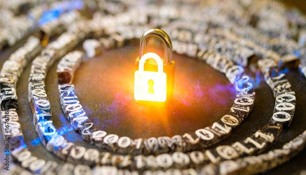 Glowing padlock on a spiral of binary code symbolizing digital security ...