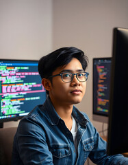 Young Asian IT developer looking online information on pc for beautiful pose with coding program data of website application, wearing jeans shirt. surround by safety analysis two screens. Stratagem,