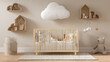 © SMART.art - Scandinavian-inspired baby nursery with wooden furniture and soft textures in neutral tones, conveying calmness, simplicity, and modern parenting aesthetics in a cozy newborn room