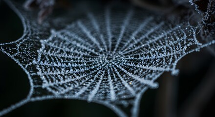 A spiderweb covered in frost, glistening in the cold morning light of winter