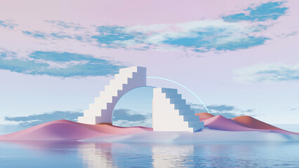 Wall Mural - 3d render, surreal landscape with geometric arch stairs over pastel mountains and reflective water