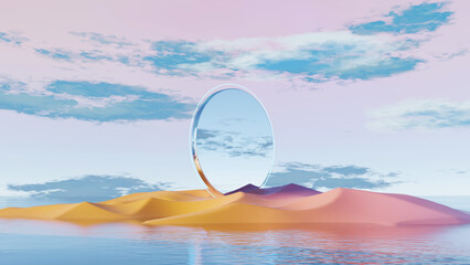 Wall Mural - 3d render, surreal landscape with giant reflective ring over pastel desert and water