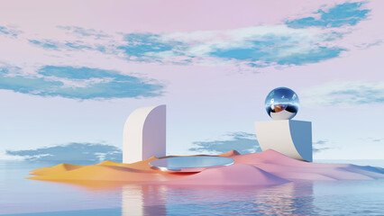 Wall Mural - 3d render, surreal landscape with reflective sphere and abstract structures on pastel desert