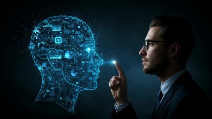 Man in suit interacting with holographic AI head, exploring artificial intelligence and machine learning technology development footage.