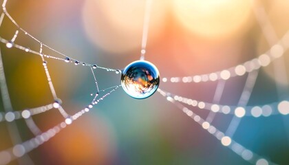 A dewdrop, reflecting a miniature world, hangs suspended in a spiderweb, bathed in soft, colorful light.