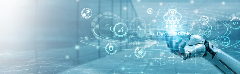 Hand of robotic holding low-code no-code AI on global networking, application development, workflow automation, rapid deployment, AI-driven innovation, digital transformation strategies.