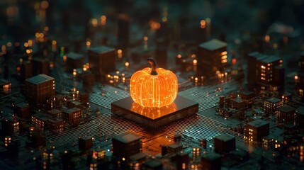 Isometric 3D render of a futuristic Halloween pumpkin serving robot with glowing trays and neon-lit details.